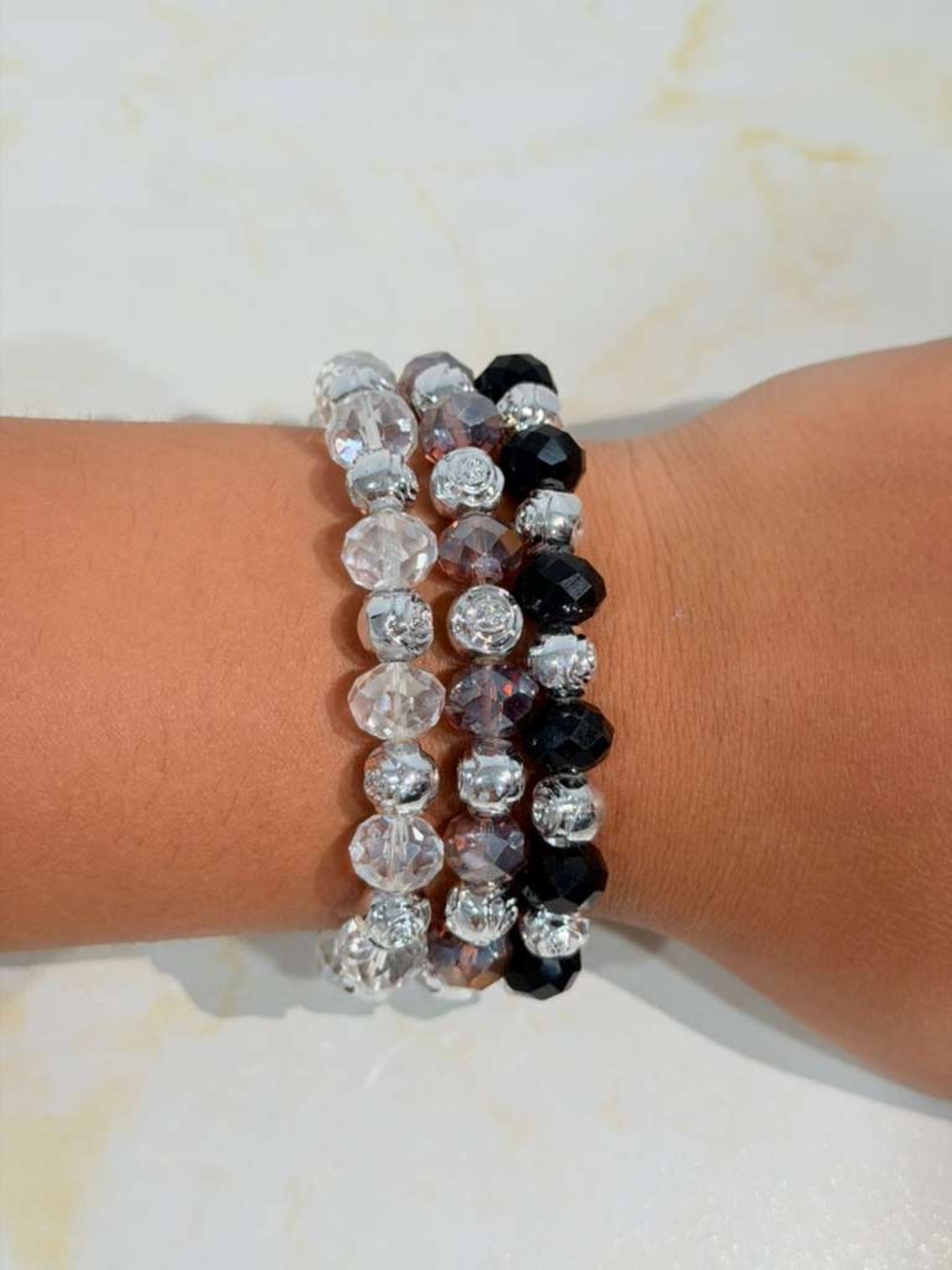 Elegant Bundle - Black, purple & Clear Crystal Stretch Bracelet Set - Women's